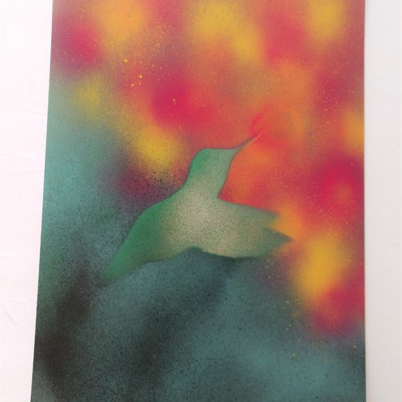 Handmade Painting Of Green Hummingbird and Flowers On Paper - Picture 2 of 16